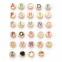 Tibetan Style Alphabet Beads, Flat Round, gold color plated, double-sided enamel & DIY, mixed colors, nickel, lead & cadmium free, 8x4mm, Hole:Approx 1.5mm, 29PCs/Bag, Sold By Bag
