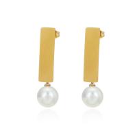 Stainless Steel Drop Earring, 304 Stainless Steel, with Plastic Pearl, gold color plated, for woman, 9x35mm, Sold By Pair