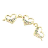 Cubic Zirconia Micro Pave Brass Connector, Heart, gold color plated, fashion jewelry & DIY & micro pave cubic zirconia & for woman, multi-colored, 14x8x2mm, Hole:Approx 0.5mm, 10PCs/Lot, Sold By Lot