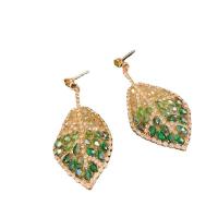 Tibetan Style Drop Earrings, Leaf, gold color plated, for woman & with rhinestone, nickel, lead & cadmium free, 20x60mm, Sold By Pair