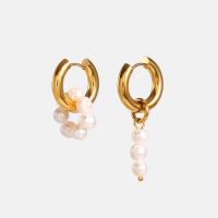 Asymmetric Earrings, 304 Stainless Steel, with Freshwater Pearl, 18K gold plated, for woman, 12*27.48mm,12*42.06mm, Sold By Pair