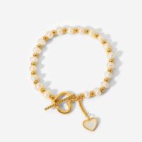 Freshwater Cultured Pearl Bracelet 304 Stainless Steel with White Shell & Freshwater Pearl 18K gold plated for woman 190mm Length Approx 7.48 Inch Sold By PC