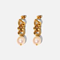 Stainless Steel Drop Earring, 304 Stainless Steel, with Freshwater Pearl, 18K gold plated, for woman, 39.13mm, Hole:Approx 2mm, Sold By Pair