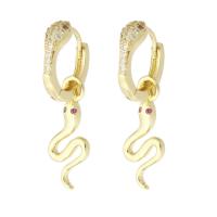 Huggie Hoop Drop Earring, Brass, Snake, gold color plated, fashion jewelry & micro pave cubic zirconia & for woman, golden, 31mm, 10Pairs/Lot, Sold By Lot