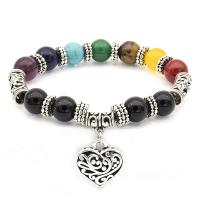 Gemstone Bracelet, with Tibetan Style, Heart, silver color plated, fashion jewelry & for man, mixed colors, 10mm, Length:Approx 19 cm, Sold By PC