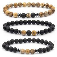 Picture Jasper Bracelet with zinc alloy bead & Lava & Black Stone Round gun black plated fashion jewelry & for man mixed colors 8mm Length Approx 19 cm Sold By Set