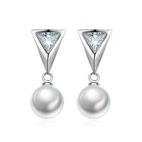 Messing Tropfen Ohrringe, mit ABS-Kunststoff-Perlen, silberfarben plattiert, für Frau & mit Strass, Silberfarbe, frei von Nickel, Blei & Kadmium, 23x8mm, verkauft von Paar