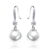 Brass Drop Earring, with ABS Plastic Pearl, Round, silver color plated, micro pave cubic zirconia & for woman, white, nickel, lead & cadmium free, 34x12mm, Sold By Pair