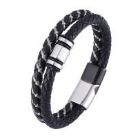 Cuir de vachette couche bracelet, avec Acier inoxydable 316, Double couche & bijoux de mode & longueur différente pour le choix, noire, 12mm, Vendu par PC