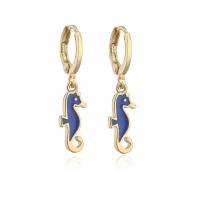 Huggie Hoop Drop Earring Brass Seahorse gold color plated for woman & enamel Sold By Pair