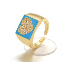 Кубический циркон микро проложить кольцо-латунь, Латунь, плакирован золотом, Регулируемый & с рисунками сердца & инкрустированное микро кубического циркония & Женский & эмаль, Много цветов для выбора, 21mm, продается PC