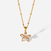 Titanium Steel Necklace, Flower, gold color plated, micro pave cubic zirconia & for woman, 16.50mm, Length:Approx 17.7 Inch, Sold By PC