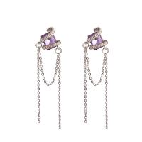Tibetan Style Drop Earrings, with Crystal, platinum color plated, fashion jewelry & oval chain & for woman, 17x67mm, Sold By Pair
