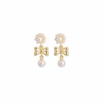 Zinc Alloy Drop Earrings with Plastic Pearl Bowknot gold color plated for woman & hollow Sold By Pair