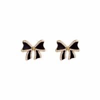 Tibetan Style Stud Earring, with Plastic Pearl, Bowknot, gold color plated, for woman & enamel, 19x22mm, Sold By Pair