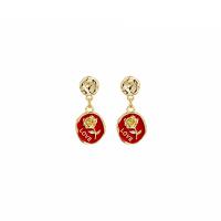 Zinc Alloy Drop Earrings Flat Round gold color plated with flower pattern & for woman & enamel nickel lead & cadmium free Sold By Pair