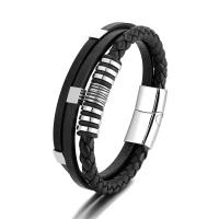 PU Leather Cord Bracelets Titanium Steel with PU Leather multilayer & for man black Length Approx 8.46 Inch Sold By PC