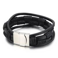 титан браслет, с коровьей шнур, многослойный & Мужский, черный, длина:Приблизительно 8.66 дюймовый, продается PC