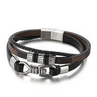Acier titane bracelet, avec vachette cordon, multicouche & pour homme, noire, Longueur:Environ 8.26 pouce, Vendu par PC