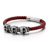 316L Stainless Steel Bracelet, with cowhide cord, Skull, gold color plated, dyed & for man, more colors for choice, Length:Approx 8.46 Inch, Sold By PC