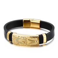 316L Stainless Steel Bracelet, with cowhide cord, gold color plated, for man, black, Length:Approx 8.26 Inch, Sold By PC
