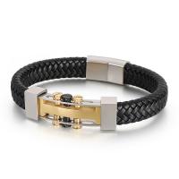 316L Stainless Steel Bracelet, with cowhide cord, plated, dyed & for man, more colors for choice, Length:Approx 8.46 Inch, Sold By PC