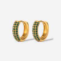Huggie Anneau d'oreille, acier inoxydable, bijoux de mode & pavé de micro zircon & pour femme, vert, 14x16mm, Vendu par paire