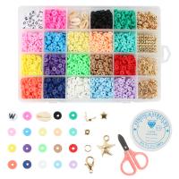 Polymer Clay DIY Bracelet Set, Elastic Thread & Closed Jump Ring & Lobster Clasp & beads & scissors​ & pendant, with Plastic Box & Crystal Thread & Tibetan Style & Acrylic, gold color plated, enamel, mixed colors, 190x130x22mm, Approx 3868PCs/Box, Sold By Box