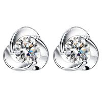 Brass Stud Earring, Three Leaf Clover, silver color plated, for woman & with rhinestone, more colors for choice, nickel, lead & cadmium free, 7x7mm, Sold By Pair