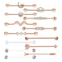 Stainless Steel Ear Piercing Jewelry, 304 Stainless Steel, Vacuum Ion Plating, 13 pieces & fashion jewelry & micro pave cubic zirconia, rose gold color, 1.60x38x5mm, Sold By Set
