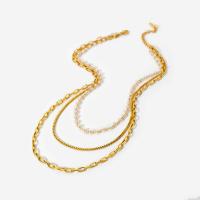 Titanium Steel Necklace with Glass Pearl gold color plated multilayer & for woman 500mm Sold By PC