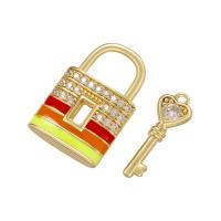Cubic Zirconia Micro Pave Brass Pendant, Lock and Key, gold color plated, 2 pieces & micro pave cubic zirconia & for woman & enamel, more colors for choice, Sold By Set