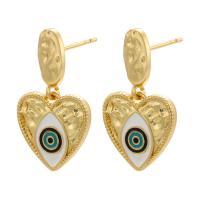 Evil Eye Earrings, Brass, Heart, gold color plated, for woman & enamel, more colors for choice, 26x15mm, Sold By Pair