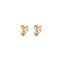 Tibetan Style Stud Earring, Butterfly, gold color plated, for woman & with rhinestone & hollow, nickel, lead & cadmium free, 12x14mm, Sold By Pair