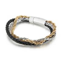 Titanium Steel Bracelet with cowhide cord gold color plated three layers & dyed & for man mixed colors Length Approx 8.66 Inch Sold By PC