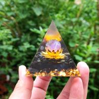 resina Decoración Pirámide, con Obsidiana & amatista & metal, chapado en color dorado, diverso tamaño para la opción & pegamento de gota, color mixto, Vendido por UD