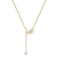 Titanium Steel Necklace, with Plastic Pearl, with 8cm extender chain, Flower, high quality gold color plated, fashion jewelry & micro pave cubic zirconia & for woman, golden, 15mm,32mm, Length:Approx 38.4 cm, Sold By PC