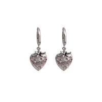 Tibetan Style Drop Earrings, Heart, platinum color plated, for woman & with rhinestone, nickel, lead & cadmium free, 15x41mm, Sold By Pair