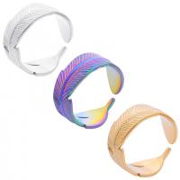 304 Stainless Steel Cuff Finger Ring, Feather, Vacuum Ion Plating, Adjustable & Unisex, more colors for choice, US Ring Size:9, Sold By PC