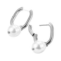 Huggie Hoop Drop Earring, 304 Stainless Steel, with Plastic Pearl, Vacuum Ion Plating, for woman, more colors for choice, 12x10mm, Sold By Pair