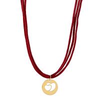 Titanstahl Halskette, Baumwollfaden, mit Titanstahl, mit Verlängerungskettchen von 8cm, flache Runde, goldfarben plattiert, Einstellbar & Modeschmuck & mehrschichtig, rot, 19x24mm, Länge 41 cm, verkauft von PC