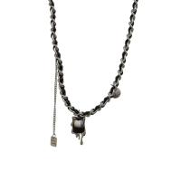 Stainless Steel Jewelry Necklace, 304 Stainless Steel, with Tibetan Style pendant & PU Leather & Glass, with 2.36inch extender chain, platinum color plated, fashion jewelry & for woman, 26x13mm, Length:Approx 16.7 Inch, Sold By PC