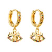 Huggie Hoop Drop Earring Brass Eye gold color plated micro pave cubic zirconia & for woman Sold By Pair
