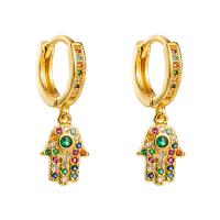 Huggie Hoop Drop Earring Brass Hand gold color plated micro pave cubic zirconia & for woman Sold By Pair