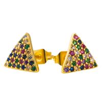 Cubic Zirconia Micro Pave Latão Brinco, cobre, Triângulo, cromado de cor dourada, micro pavimento em zircônia cúbica & para mulher, multi colorido, 10x10mm, vendido por par