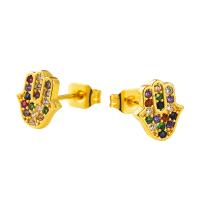 Boucles d'oreilles en laiton zircon cubique pavent, main, Placage de couleur d'or, pavé de micro zircon & pour femme, multicolore, 10x12mm, Vendu par paire