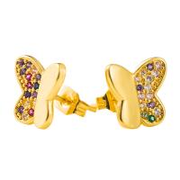 Boucles d'oreilles en laiton zircon cubique pavent, papillon, Plaqué or 18K, pavé de micro zircon & pour femme, multicolore, 10x10mm, Vendu par paire