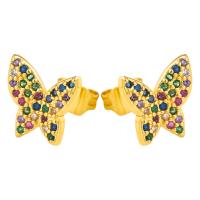 Boucles d'oreilles en laiton zircon cubique pavent, papillon, Placage de couleur d'or, pavé de micro zircon & pour femme, multicolore, 9x10mm, Vendu par paire
