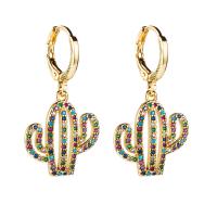 Huggie Hoop Drop Earring, Brass, Opuntia Stricta, gold color plated, micro pave cubic zirconia & for woman & hollow, multi-colored, 16x30mm, Sold By Pair