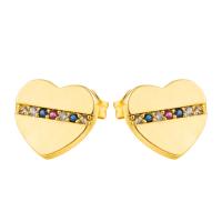 Boucles d'oreilles en laiton zircon cubique pavent, coeur, Placage de couleur d'or, pavé de micro zircon & pour femme, multicolore, 10x9mm, Vendu par paire
